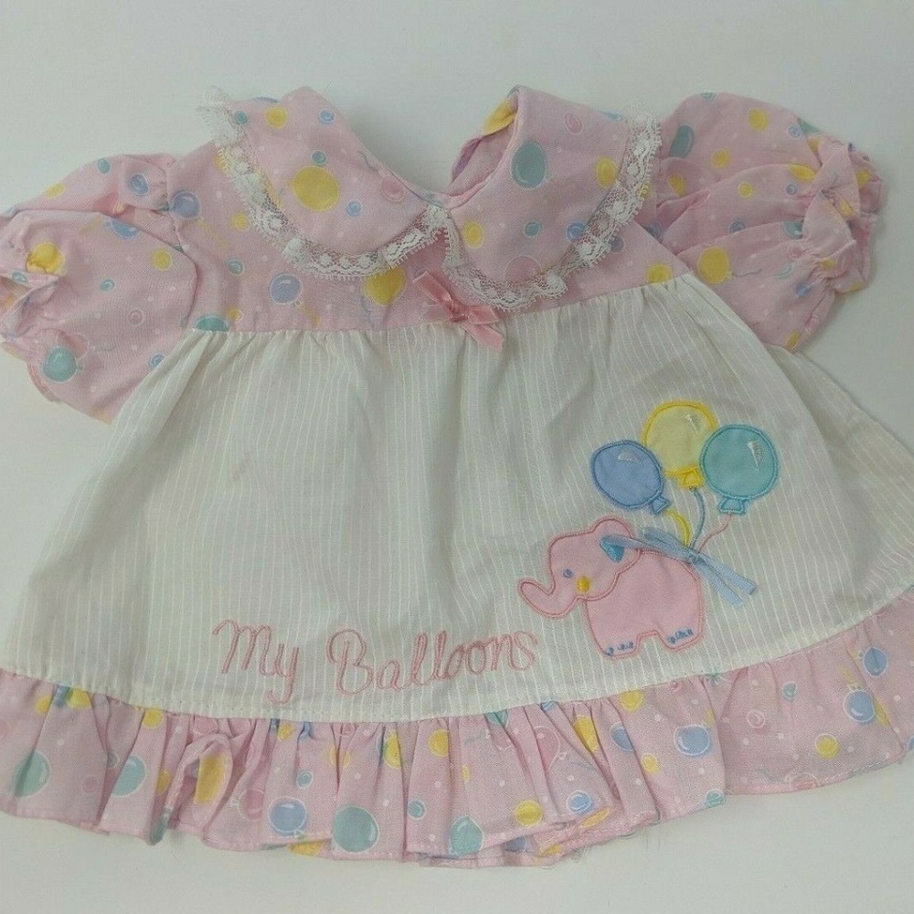 Vintage 1980s Pastel Baby Dress Elephant Applique
